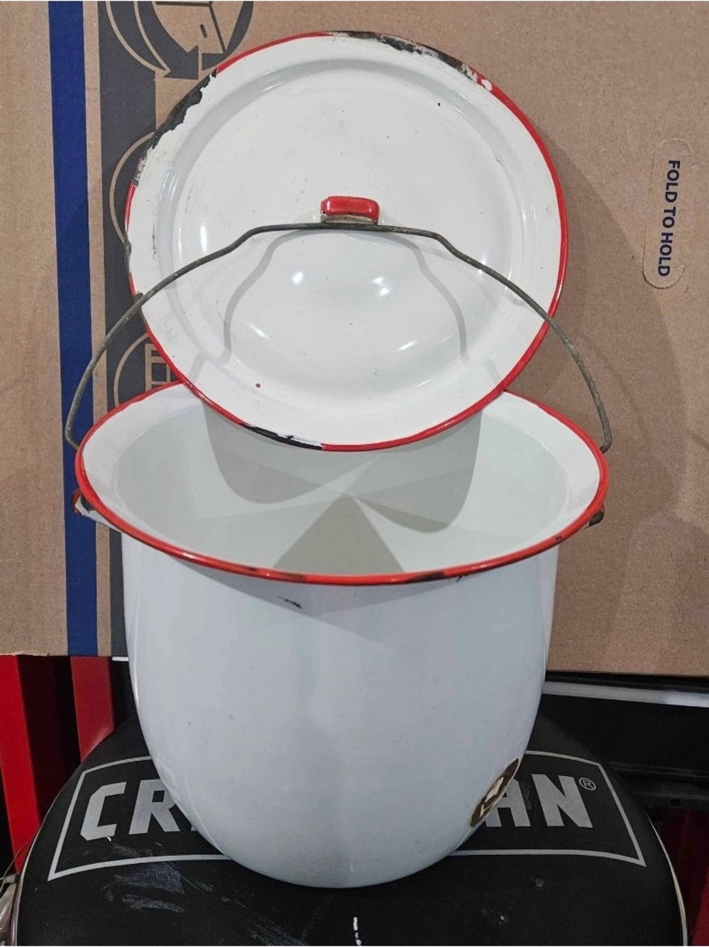 Vintage Farmhouse White Enamel Pot with Red Trim and Lid